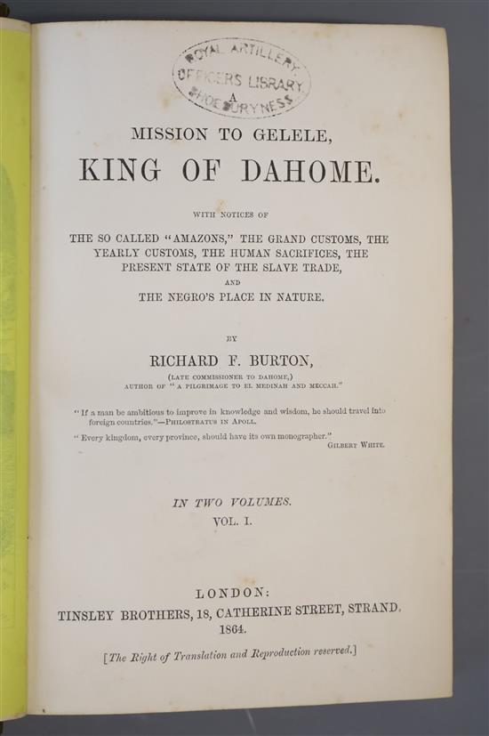 Burton, Sir Richard Francis - Mission to Gelele King of Dahome, 2 vols, 8vo, half calf, spine bases titled Royal Artillery Library Sho